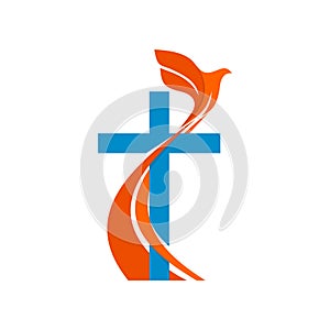 Church logo. Christian symbols. Cross and a flying dove - a symbol of the Holy Spirit.