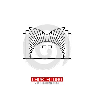 Church logo. Christian symbols. Cross of Jesus against the background of an open bible.