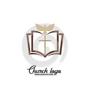 Church logo. Christian symbols. The cross of Jesus, the Bible and the dove - the Holy Spirit