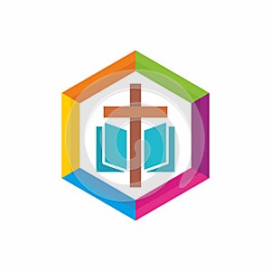 Church logo. Christian symbols. The Cross of Jesus, the Bible - God`s Holy word photo