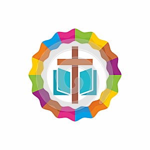 Church logo. Christian symbols. The Cross of Jesus, the Bible - God`s Holy word photo