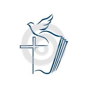 Church logo. Christian symbols. The cross of Jesus Christ on the background of the open Bible and the flying d