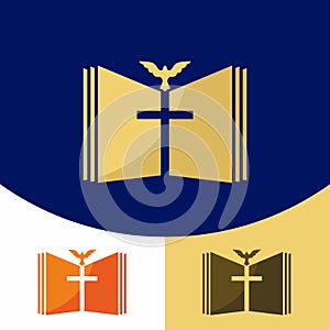 Church logo. Christian symbols. The cross of Jesus Christ, the Bible and the Holy Spirit, the dove