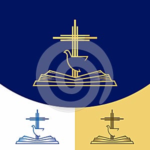 Church logo. Christian symbols. The cross of Jesus Christ, the Bible and the Holy Spirit - Dove