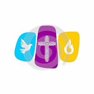 Church logo. Christian symbols. The cross of Jesus Christ, a dove - the Holy Spirit and flame