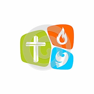 Church logo. Christian symbols. The cross of Jesus Christ, a dove - the Holy Spirit and flame