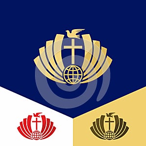 Church logo. Christian symbols. The cross of Jesus Christ and the dove of the Holy Spirit, globe.