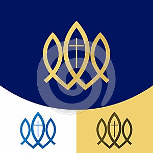 Church logo. Christian symbols. The cross of Jesus Christ and the fish - a symbol of the Savior