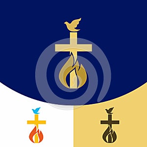 Church logo. Christian symbols. The cross of Jesus Christ, and the flame of a dove - the Holy Spirit symbols