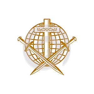 Church logo. Christian symbols. Cross of Jesus Christ, globe, crown of thorns and swords