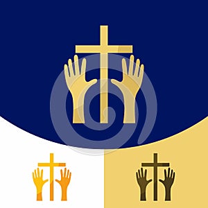Church logo. Christian symbols. The cross of Jesus Christ, the hands that worship the Lord and glorify the Savior photo