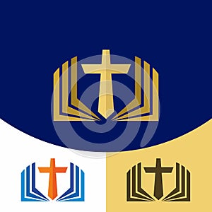 Church logo. Christian symbols. The cross of Jesus Christ and the Holy Scriptures