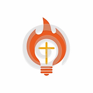 Church logo. Christian symbols. Cross of Jesus Christ inside the light bulb. The Flame of the Holy Spirit.