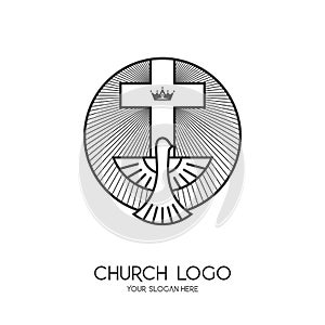 Church logo. Christian symbols. The Cross of Jesus Christ and the Symbol of the Holy Spirit is a dove