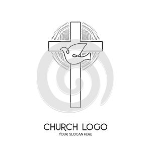 Church logo. Christian symbols. The Cross of Jesus Christ and the Symbol of the Holy Spirit is a dove