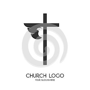 Church logo. Christian symbols. The Cross of Jesus Christ and the Symbol of the Holy Spirit is a dove