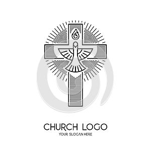 Church logo. Christian symbols. The Cross of Jesus Christ and the Symbol of the Holy Spirit are a dove and a flame