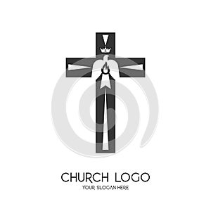 Church logo. Christian symbols. The Cross of Jesus Christ and the Symbol of the Holy Spirit are a dove and a flame