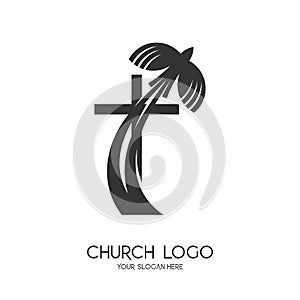 Church logo. Christian symbols. The Cross of Jesus Christ and the Symbol of the Holy Spirit are a dove and a flame