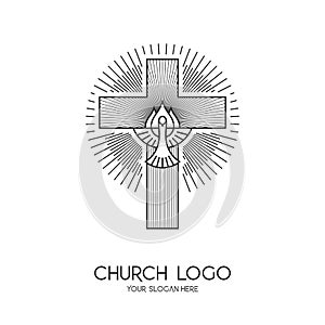 Church logo. Christian symbols. The Cross of Jesus Christ and the Symbol of the Holy Spirit are a dove and a flame