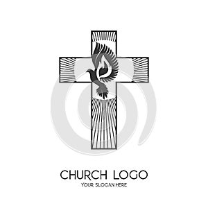 Church logo. Christian symbols. The Cross of Jesus Christ and the Symbol of the Holy Spirit are a dove and a flame