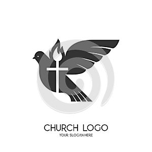 Church logo. Christian symbols. The Cross of Jesus Christ and the Symbol of the Holy Spirit are a dove and a flame