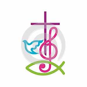 Church logo. Christian symbols. The cross of Jesus Christ and treble clef as a symbol of praise and worship to God.