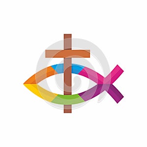 Church logo. Christian symbols. The cross of Jesus and the Christian sign of the fish.