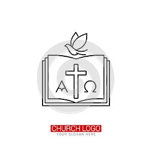 Church logo. Christian symbols. The cross of Jesus and the dove on the background of an open bible.