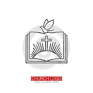 Church logo. Christian symbols. The cross of Jesus and the dove on the background of an open bible.