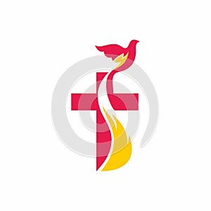 Church logo. Christian symbols. The Cross of Jesus, the fire of the Holy Spirit and the dove