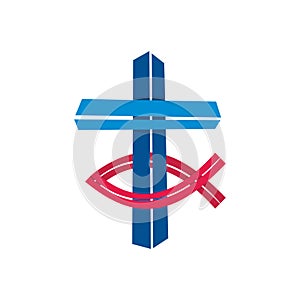Church logo. Christian symbols. Cross and Jesus fish.