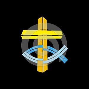 Church logo. Christian symbols. Cross and Jesus fish.