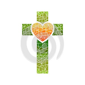 Church logo. Christian symbols. Cross of Jesus and heart, mosaic.