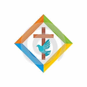 Church logo. Christian symbols. The Cross of Jesus, the Holy Spirit - Dove