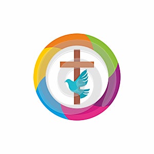Church logo. Christian symbols. The Cross of Jesus, the Holy Spirit - Dove photo