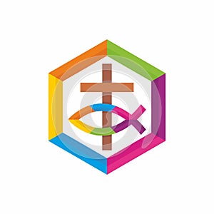 Church logo. Christian symbols. The cross of Jesus and the Christian sign of the fish. photo