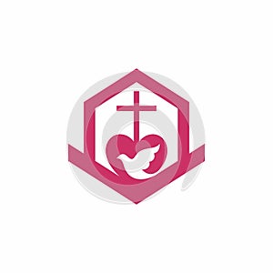 Church logo. Christian symbols. The cross of the Lord and Savior Jesus Christ, the building of the church, the Holy Spirit is a do