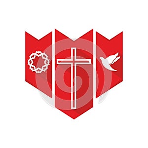 Church logo. Christian symbols. The cross of the Lord and Savior Jesus Christ, a dove and a crown of thorns.