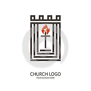 Church logo. Christian symbols. The cross of the Lord and Savior Jesus Christ, the flame of the Holy Spirit and the dove