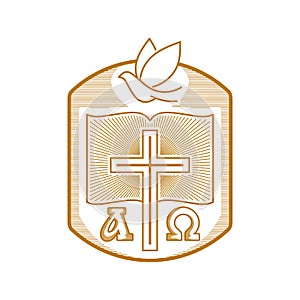 Church logo. Christian symbols. Cross, open bible and dove.