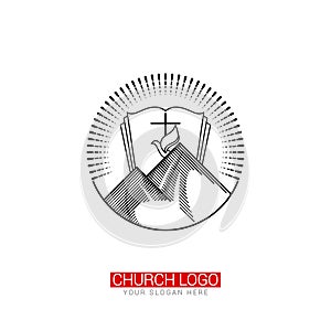 Church logo. Christian symbols. Cross of the Savior Jesus Christ and the dove, an open Bible against the backdrop of the mountains