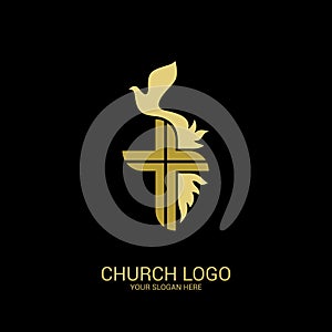 Church logo. Christian symbols. Cross of the Savior Jesus and dove as a symbol of the Holy Spirit.
