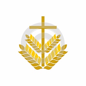 Church logo. Christian symbols. Cross and wheats