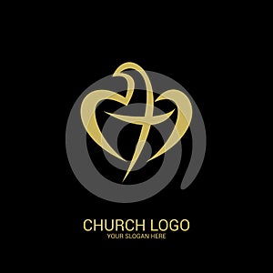 Church logo. Christian symbols. A dove forming a heart, and inside the cross of Christ.