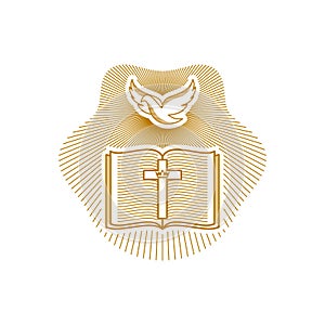 Church logo. Christian symbols. Dove, open bible and cross of Jesus Christ