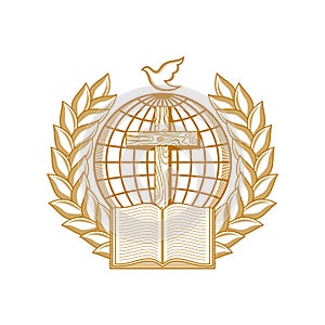 Church logo. Christian symbols. Globe, cross, bible surrounded by a wreath.