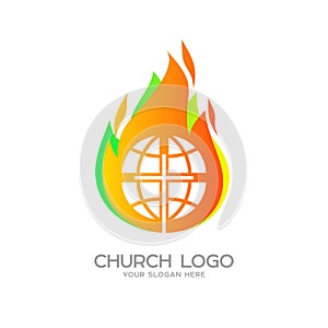 Church logo. Christian symbols. Globe, the cross of Jesus Christ against the background of the flame of the Holy Spirit.