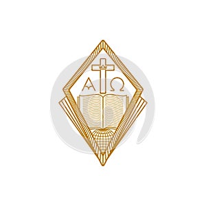 Church logo. Christian symbols. Globe, open bible, cross of Jesus Christ. Alpha and Omega
