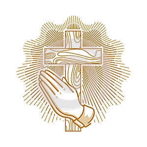 Church logo. Christian symbols. Hands folded in prayer against the background of the cross of the Lord and Savior Jesus Christ